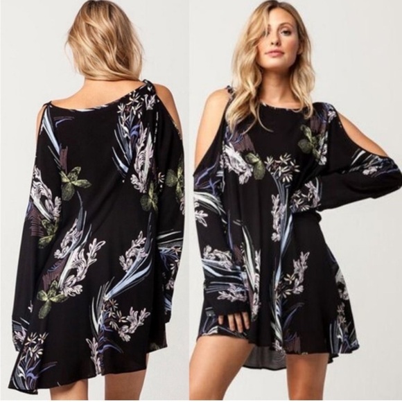 Free People Clear Skies Printed Cold Off The Shoulder Tunic Dress Black Floral - Picture 3 of 15